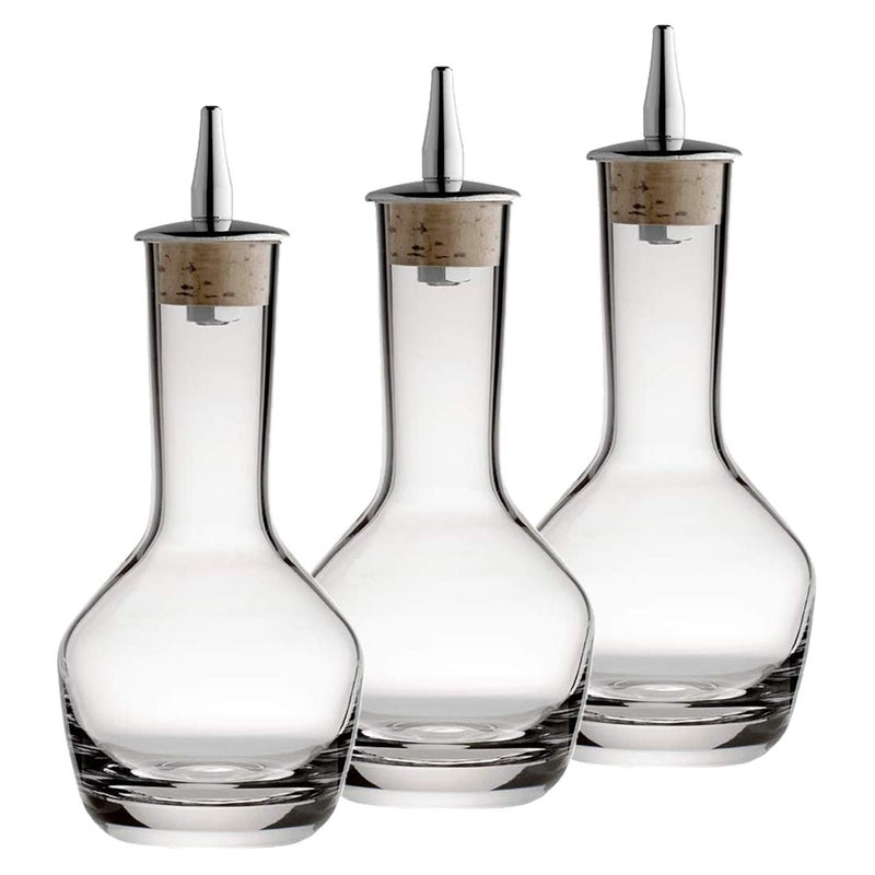 Bitters Bottle - Crystal Glass with Cork and Stainless Steel Dasher Top, 3-ounce Craft Cocktail Bartending Accessories Set of 3
